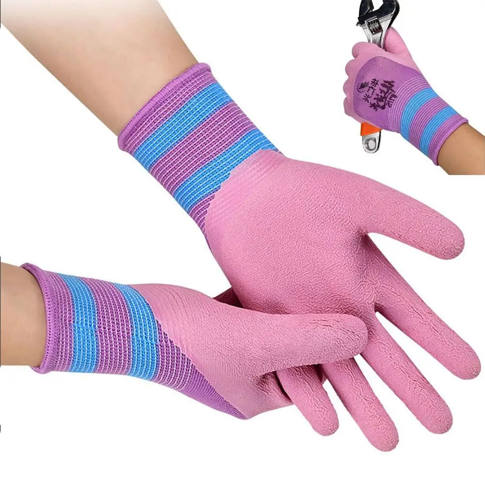 

Tool Pink Working Gloves Latex Wrinkles Nylon Rubber Coated Glove Flexible Anti-slip Protective Mittens Female