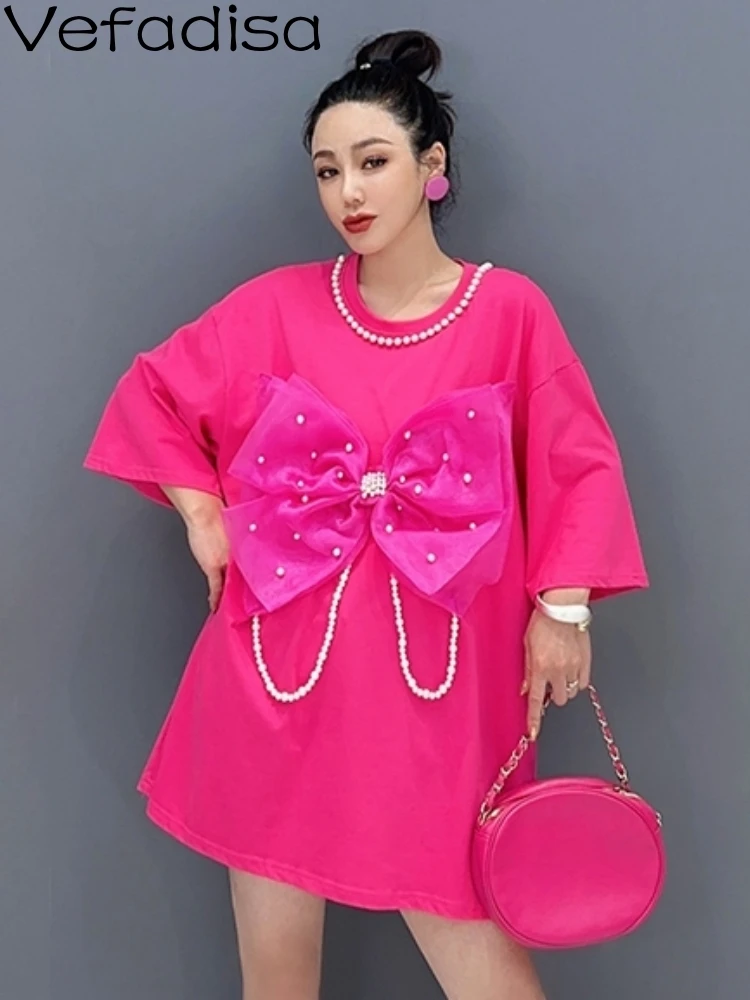

Vefadisa 2023 Summer New Women Casual Splice 3D Bow Tie Mid Length T-shirt Skirt Girl Personalized Mesh Red Short Sleeve ZY1840