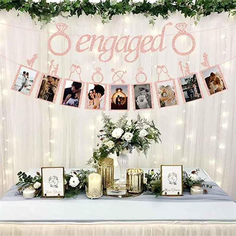 

1 Set Golden Scallion Paper Engagement Party Banner Engaged Letter Flag Banner Wedding Party Photo Wall Flag Garland SceneLayout