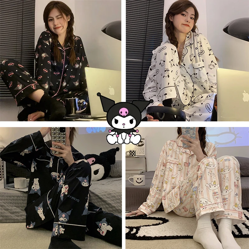 

Helloskitty Kuromi Cinnamoroll Cartoon Women Long Sleeve Cardigan Kawaii Pure Cotton Breathable Soft Style Pajama Cute Tracksuit
