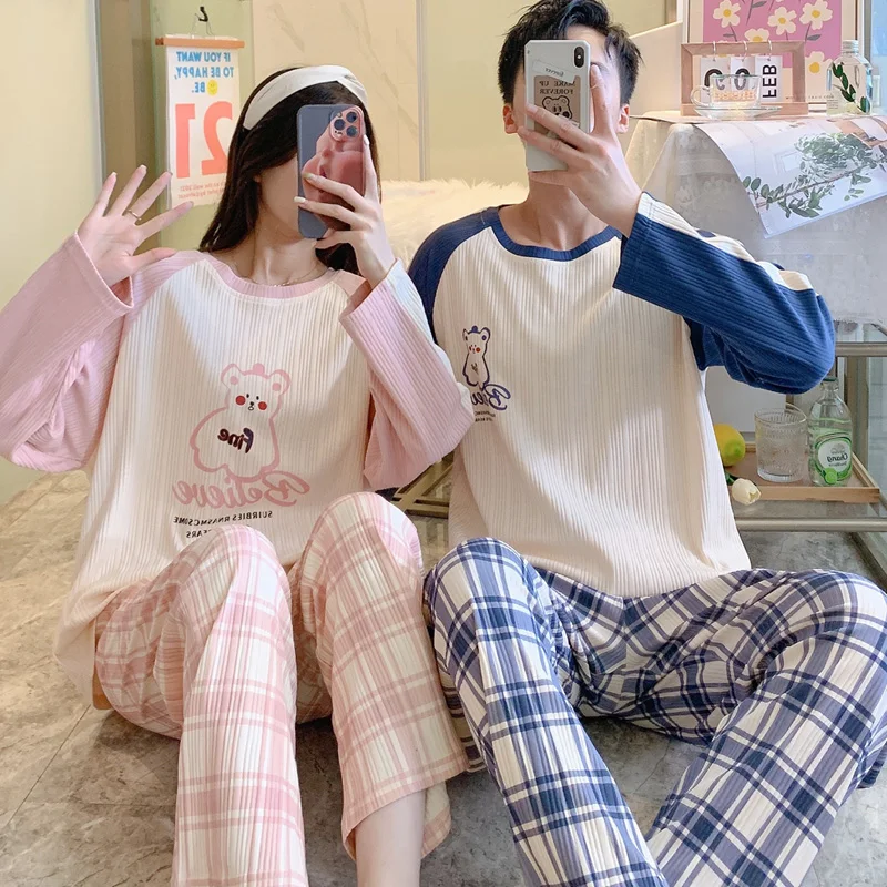 Autumn Couple Pyjamas Cotton Pj Set Man Women Cartoon Sleepwear Pajama Set Pijamas Mujer Homme Nightwear Home Clothing Drop Ship