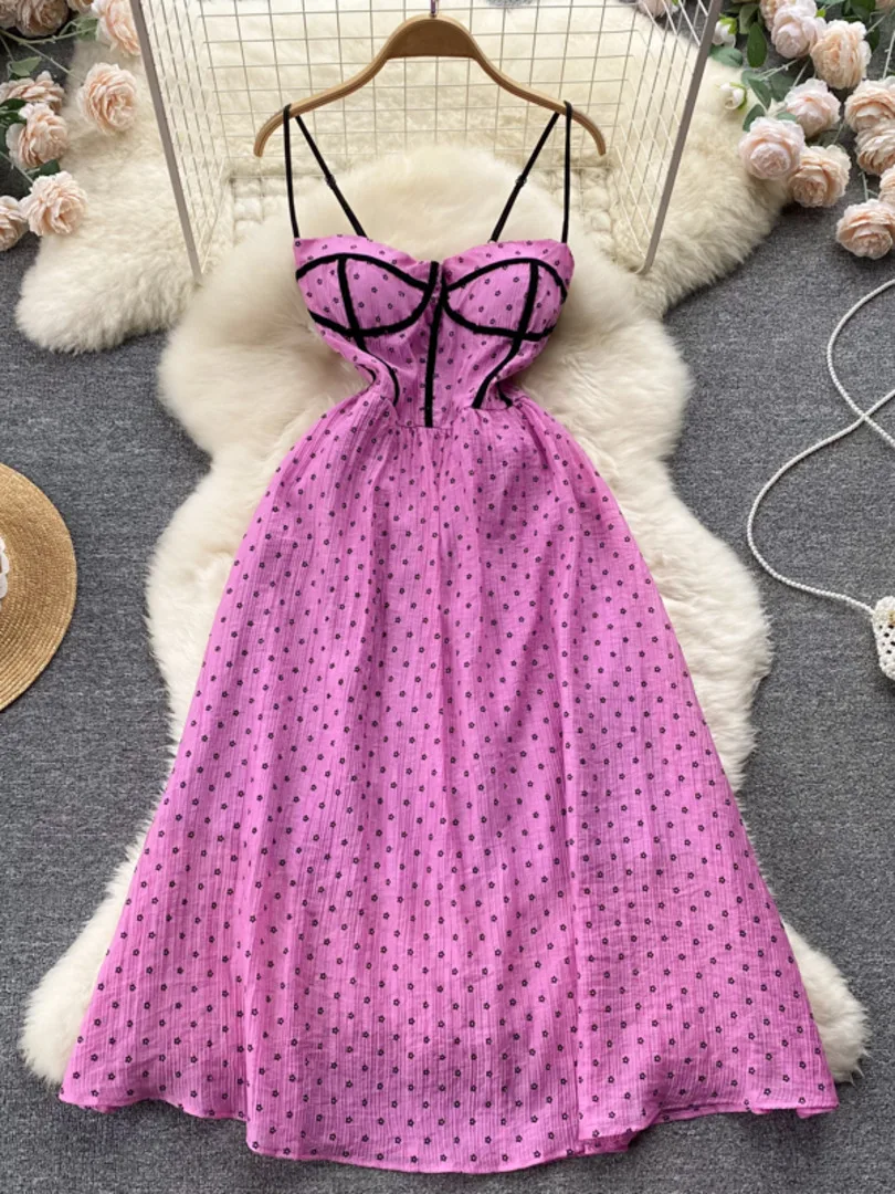 

Foamlina Sexy Spaghetti Strap Summer Dress Women Vintage Polka Dot Print Square Collar Sleeveless Backless Boho Beach Midi Dress