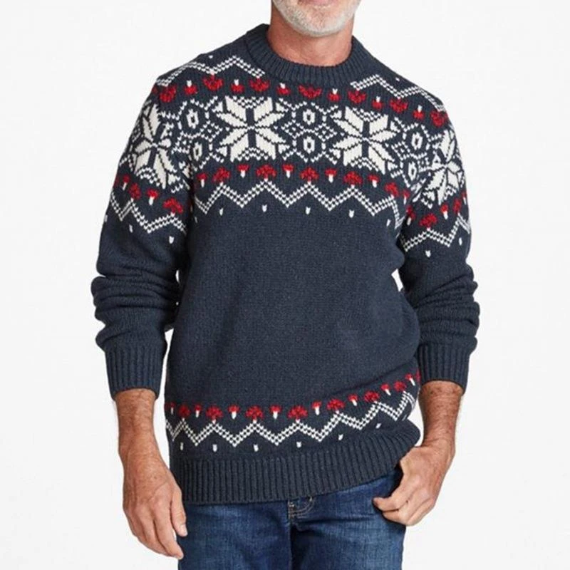 

Men Autumn Winter Warm O Neck Thick Jumper Fashion Long Sleeve Men's Rib Pullover Retro Pattern Print Slim Sweater Knitted Top