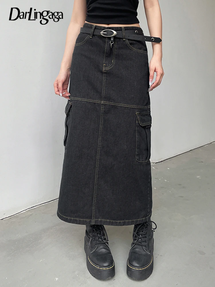

Darlingaga Streetwear Vintage Stitched Cargo Style Denim Skirt Women Harajuku Pockets Summer Long Skirts Split Jeans Low Waisted