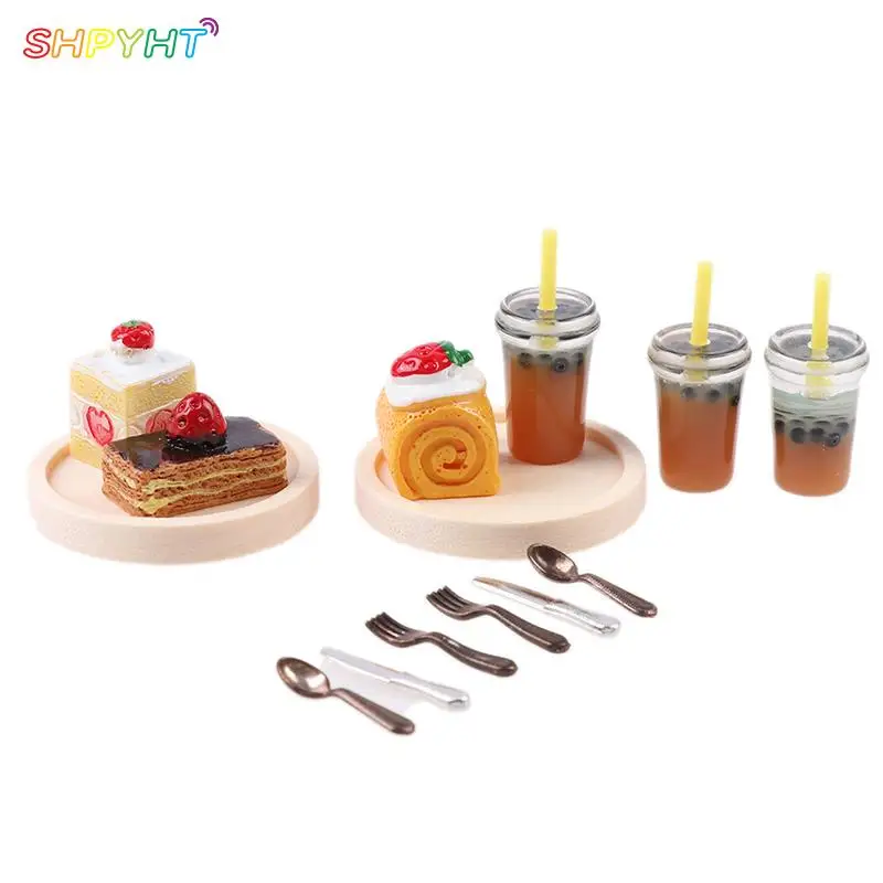 

6Pcs/set 1:12 Dollhouse Simulation Mini Resin Cake Drinks Set Afternoon Tea Set Miniature Food Scene Model DIY Doll House Access