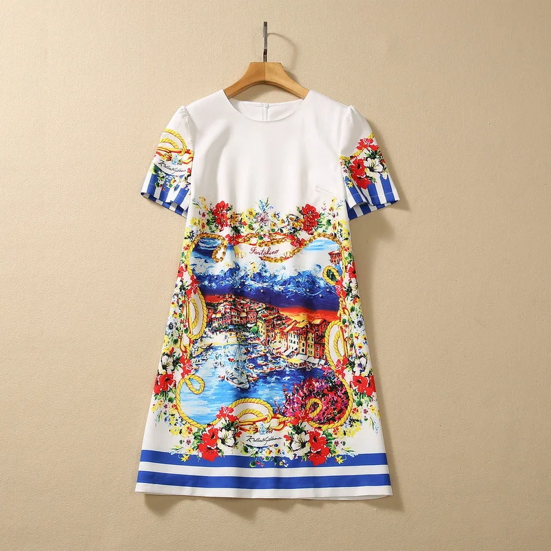 European and American women's dress 2023 summer new style Round neck studded with beads Short sleeve beach print Fashion dress