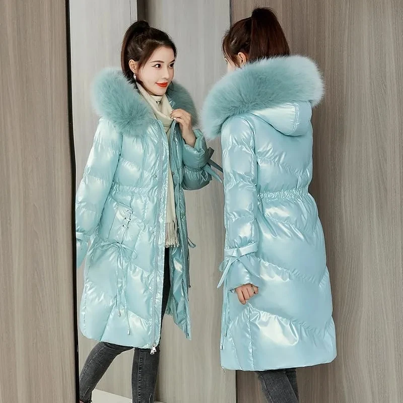 Parkas Women 2022 Winter New Fashion Shiny Wash-free Padded Coat Female Casual Thick Long Hooded Fur collar Down Cotton Jacket
