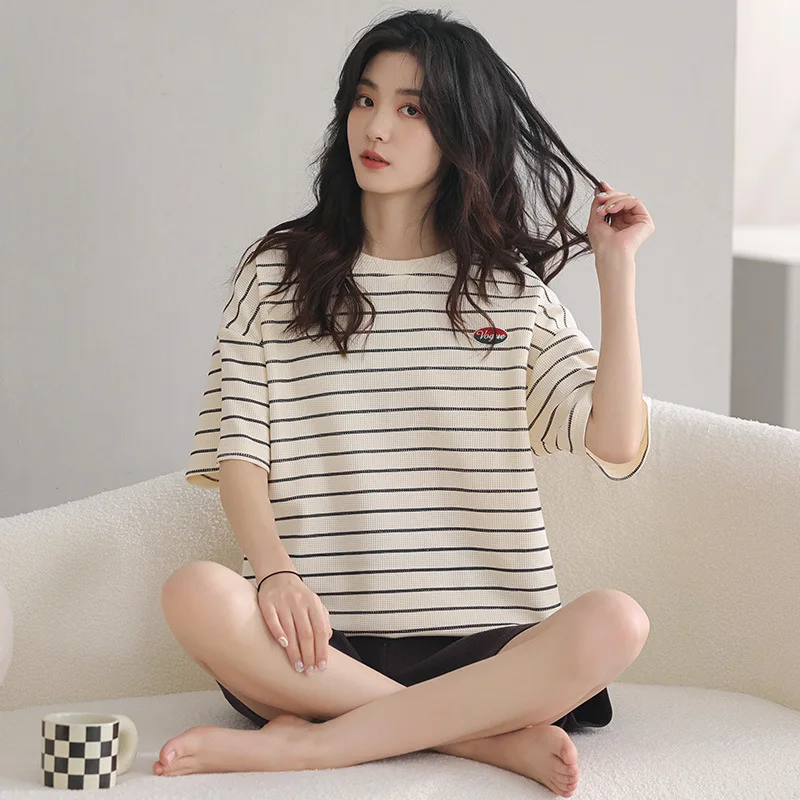 The New Pajamas for Women's Summer Cotton Waffle Short-sleeved Shorts Highend Comfortable Home Service Suits Can Be Worn Outside