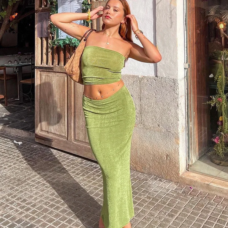 

Fashion Women Summer 2 Pieces Outfits Solid Color Strapless Exposed Navel Wrap Chest Tube Tops and Wrapped Hip Long Skirts Set