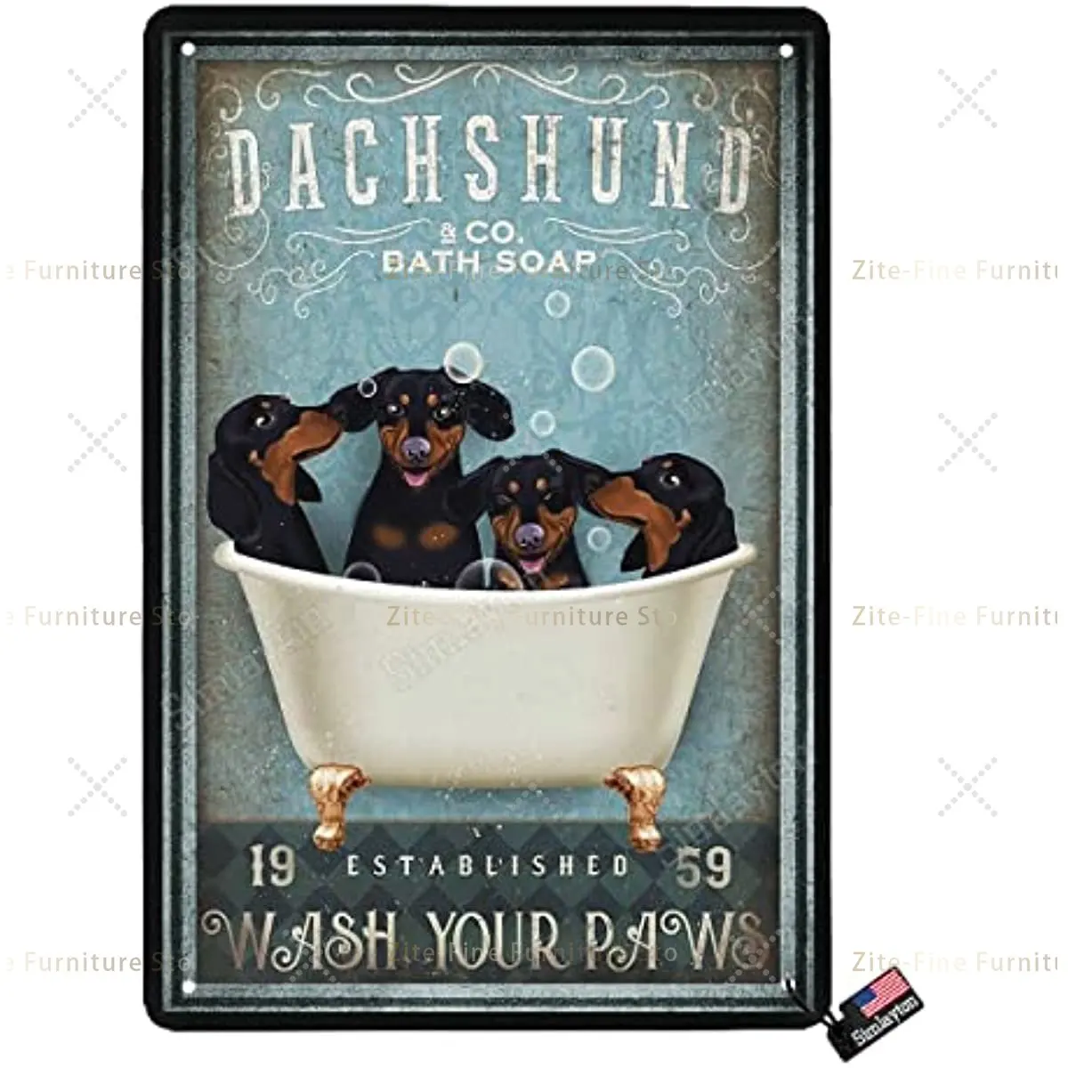 

Tin Sign, Funny Dachshund Dog Pattern - Bathroom Use, Vintage Style - Toilet Use, Wash Your Paws, Hang or Stand On Desk - 8"x12"