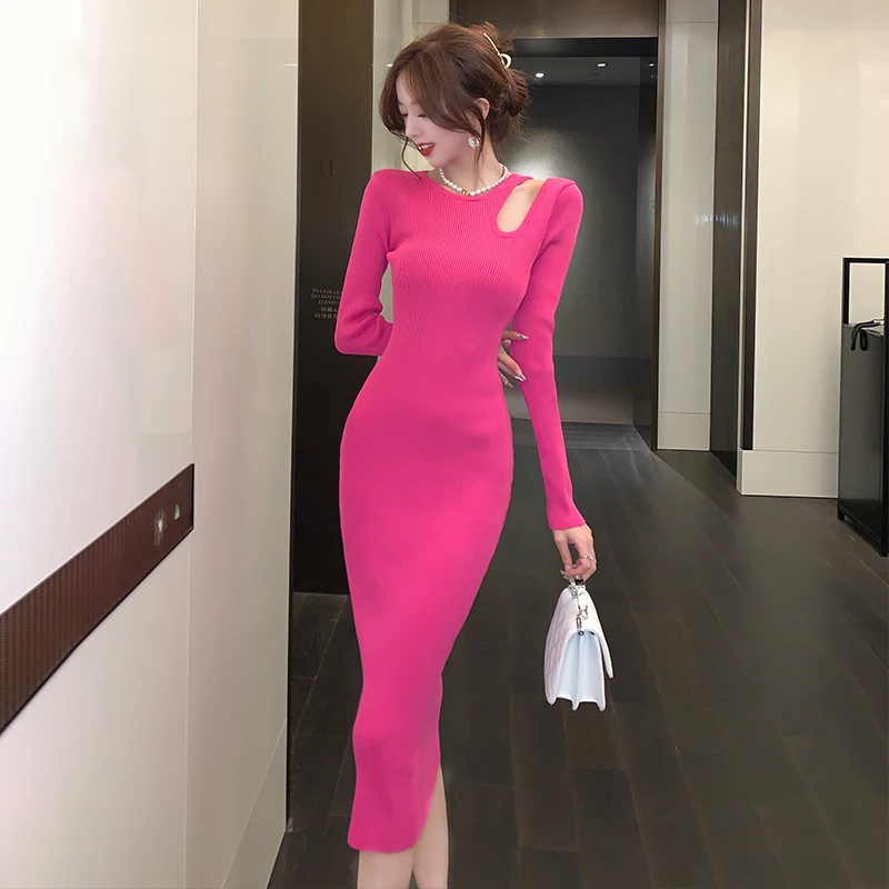 

New Franch O-Neck Hollow Out Long Sleeve Maxi Dress Women's Knitted Sheath Bodycon Bace Sweater Dresses Autumn Winter
