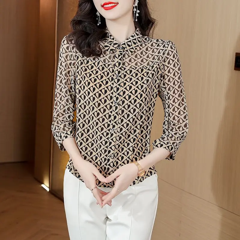 Женская шифоновая блузка с принтом свободная рубашка-поло рукавом три четверти и