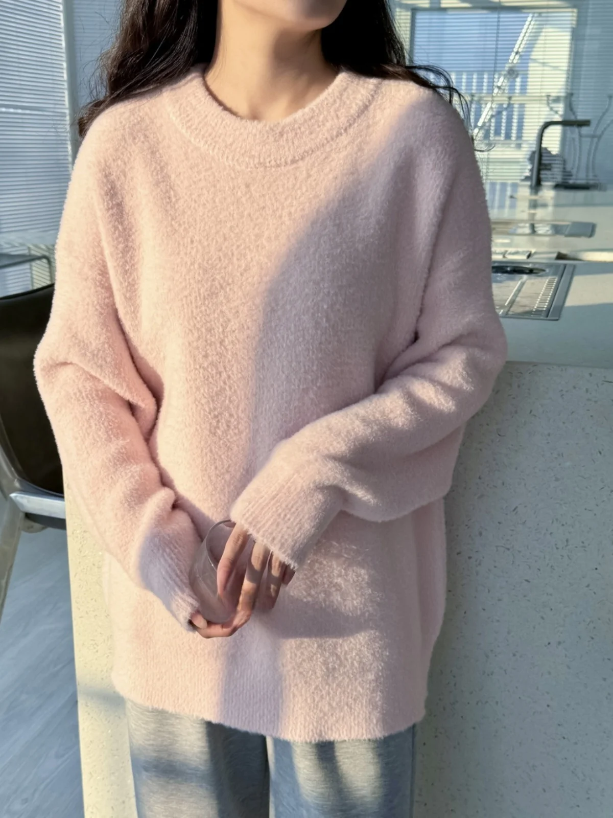 Осенне-зимний розовый свитер женский свободный однотонный норковый бархатный
