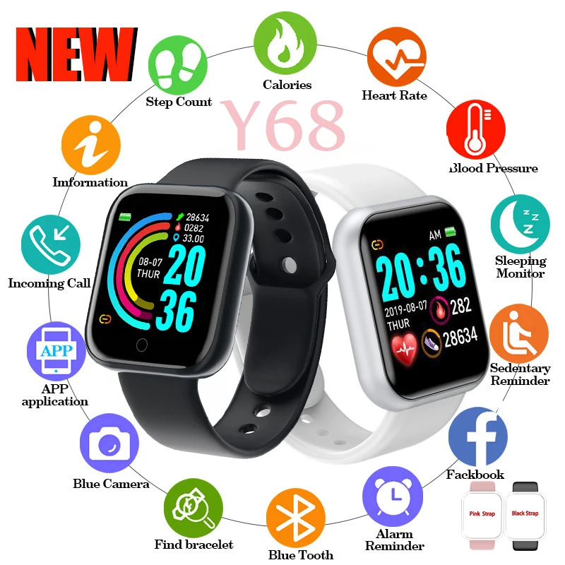 

Y68 D20 Smart Watch Men Women Bluetooth Call Reminder SMS Notification Heart Rate Blood Pressure Monitor Fitness Sports Watches