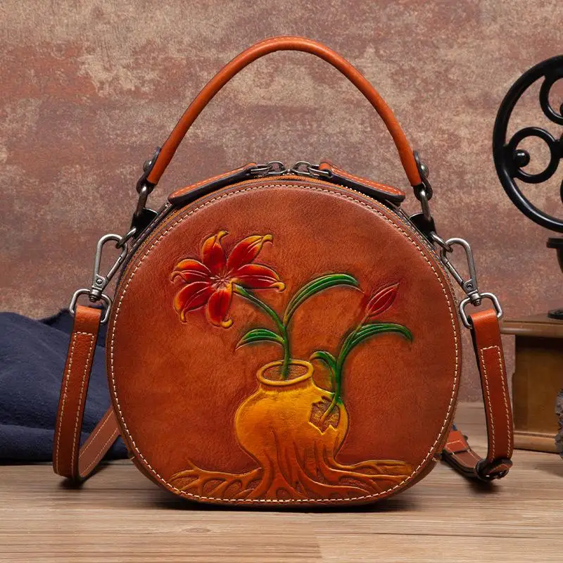 

Hand Painted Genuine Leather Women Tote Bag 2022 Summer Vintage Embossed Circular Handbag Nature Cowhide Leisure Shoulder Bags