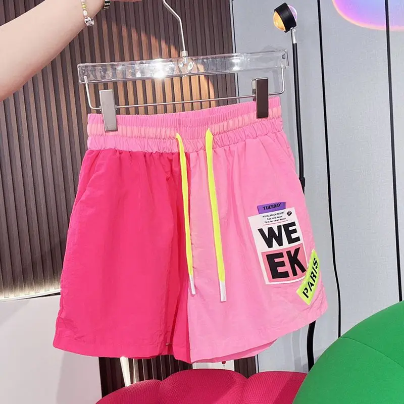 Summer Sports Shorts Women New Fashion Splicing Contrast Color Loose Quick Drying Shorts Simple Casual All Match Shorts