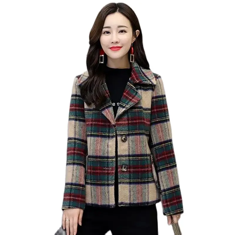 

New 2023 Spring Autumn Short Woolen Coat Women's Clothes Fashion Plaid Leisure Korean Version Outerwear Tops Casaco Feminino