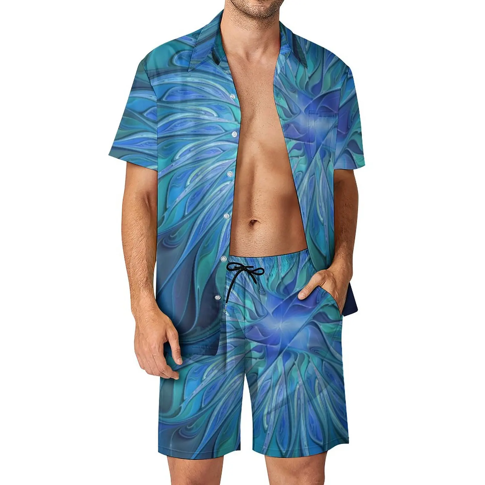 

Abstract Floral Men Sets Blue Flower Fantasy Casual Shirt Set Vintage Vacation Shorts Summer Suit 2 Piece 2XL 3XL