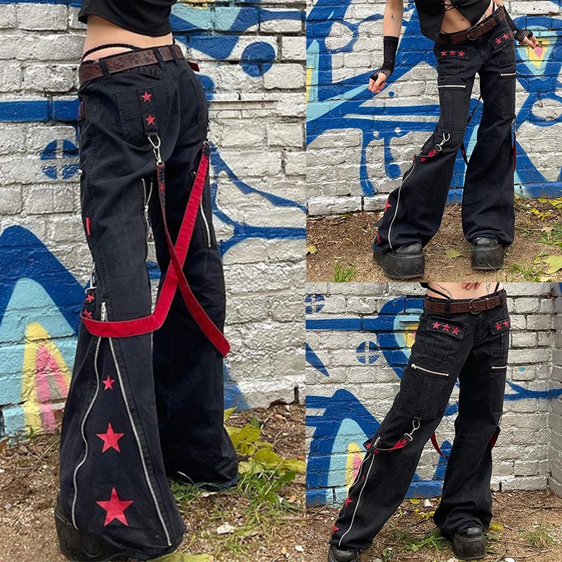 

Женские свободные повседневные длинные брюки, модные индивидуальные мешковатые брюки на молнии с принтом звезд, демисезонные Слаксы с карманами