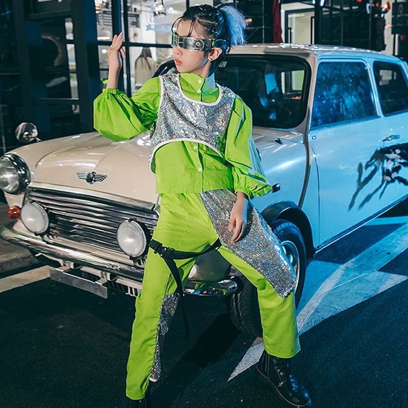 

Boys Hip Hop Dancing Costume Sequins Green Dancer Outfits Jazz Performance Dancewear Street Dance Stage Clothes Suit 2022 Nylon