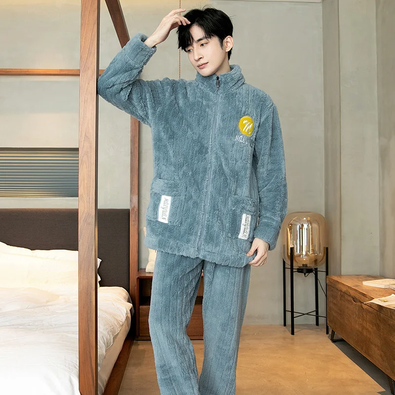 QUHENG Flannel Pajam Men Sets Autumn Winter Men Long Sleeved Trousers Coral Fleece Home ClothesThick Warm Suit Sleepwear