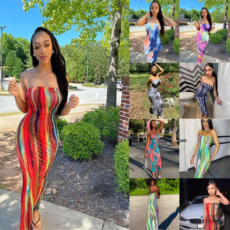 

Women's Tie-dyed Dress 2022 Spring and Summer Colorful Off-the-Shoulder Wrap Women Dress Bodycon Dresses for Women Party