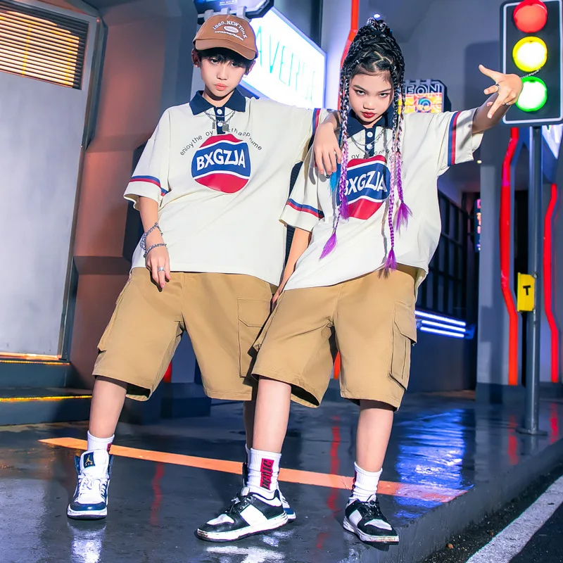 

Детская одежда в стиле хип-хоп, футболка-поло с воротником, футболка, топ, повседневные летние шорты-карго цвета хаки с карманами для девочек и мальчиков, костюм для джазовых танцев, одежда
