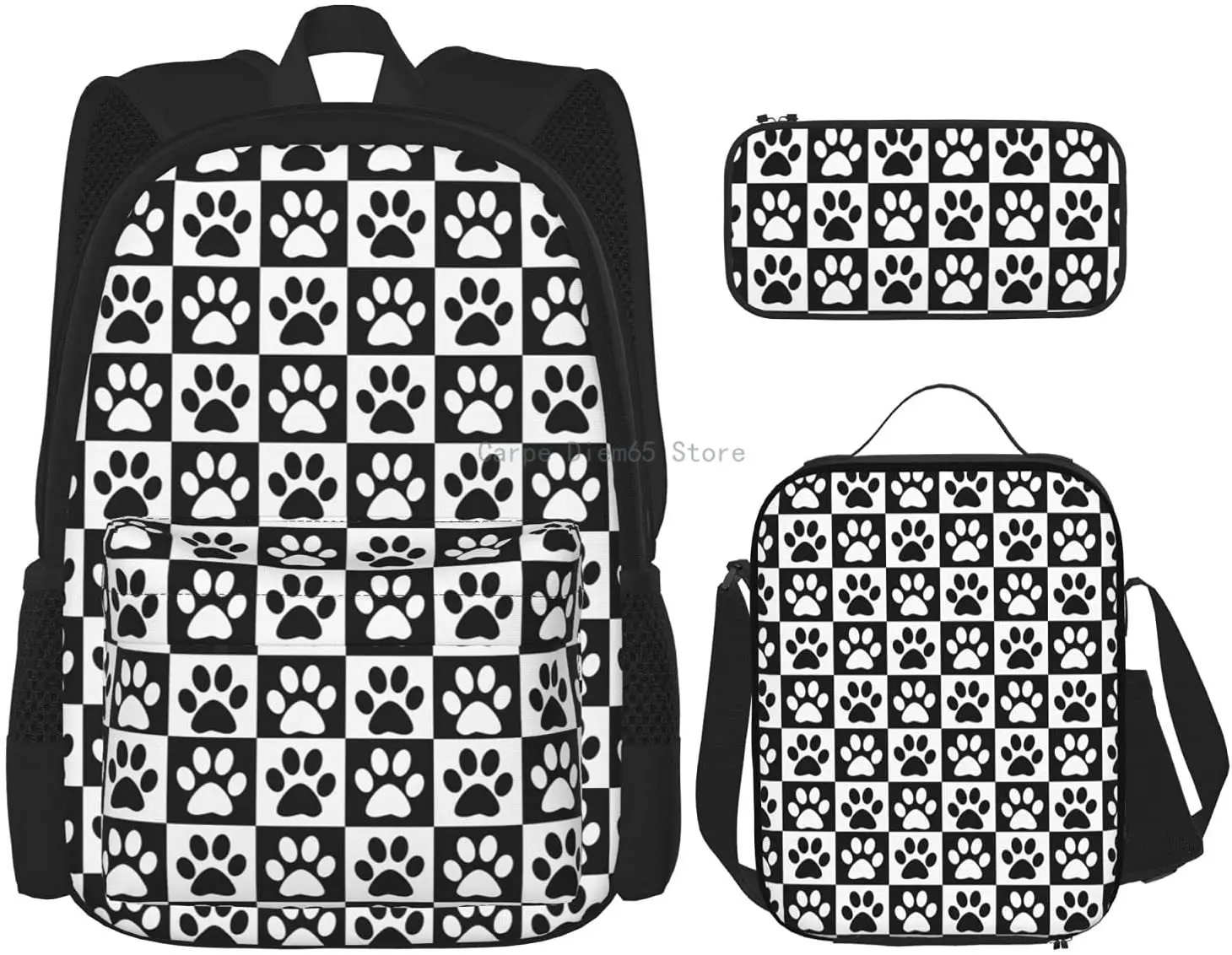 

Black And White Dog Paw Printing School Backpack Girls Teens Bookbags Set Kids Lunch Tote Bag Clutch Purse