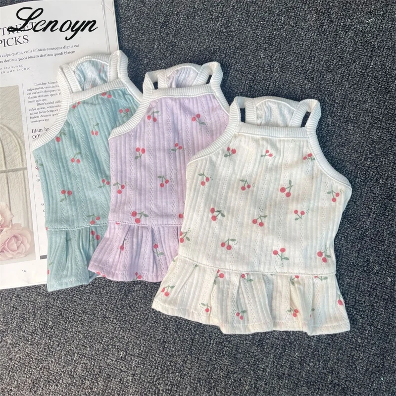 

Lenoyn Summer Thin Pet Clothing Summer Sling Dress Pet Small and Medium Dog Teddy Corky Cat Clothing Cherry Print Pet Skirt