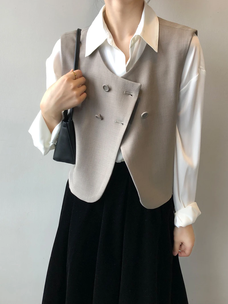 

Женский двубортный короткий костюм, свободный однотонный винтажный Топ без рукавов, 2 цвета, весна-осень