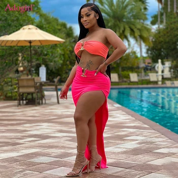 Adogirl S-5XL Color Patchowrk Two Piece Set Dress Metal Ring Women Sexy Strapless Crop Top High Split Maxi Skirt Club Party Wear 1