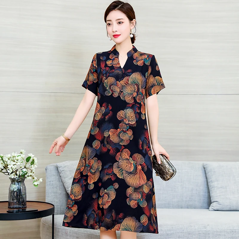 

New Hot Dresses Women Clothing Casual Summer Print Floral Ladies Short Sleeve Dress Elegant V-neck 2022 Plus Size