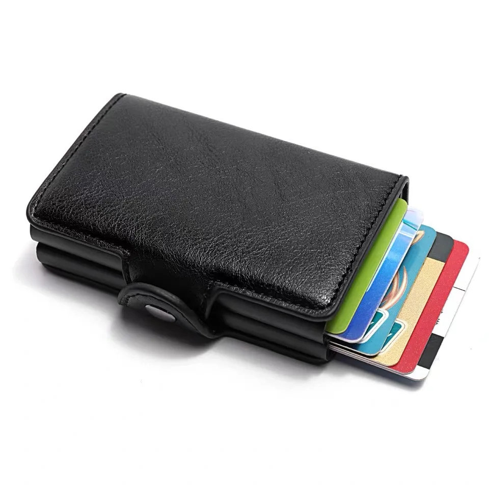 New Leather Solid Color Automatic Snap Card Bag Shielded Anti Theft Brush Wallet Aluminum Alloy Card Box Card Sleeve