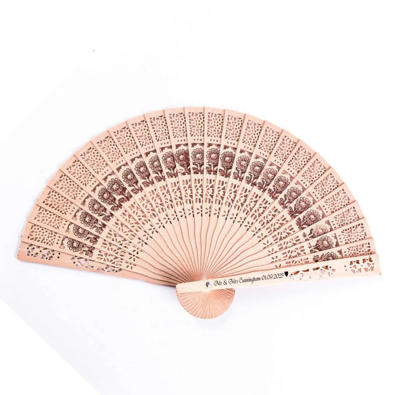 50PCS Sunflowers Design Classical Chinese Wooden Folding Fan with Personalized Bride & Groom's Name & Wedding Date Gift Favor