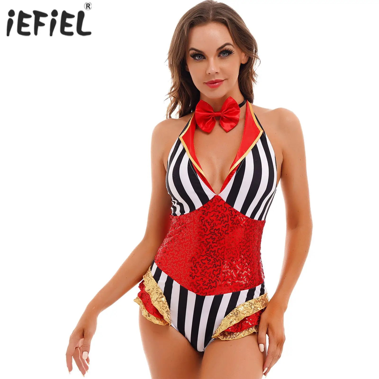 

Sexy Women Halter V Neck Halloween Circus Costumes Bowtie Stripes Shiny Sequins Bodysuit Theme Party Ringmaster Role Play Outfit