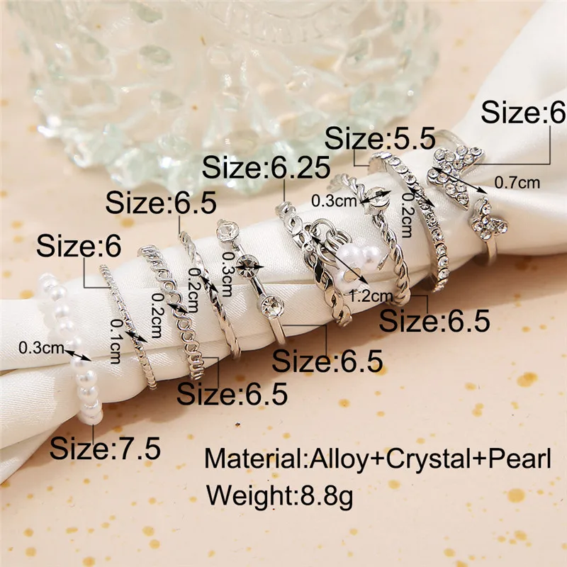 WUKALO Fashion Hollow Butterfly Ring Set 9PCS Elegant Vintage Crystal Women Finger Cute Pearl Jewelry Wedding Party Gift