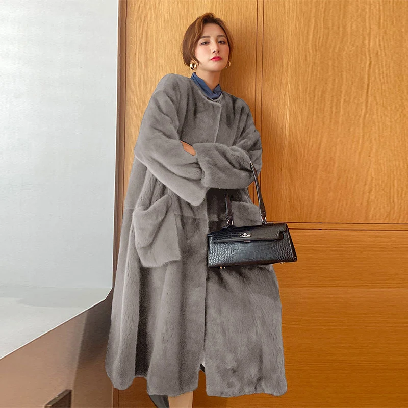 Fashion Round Neck Casual Faux Fur European and American Temperament Coat Women's Coat Loose Mid-length Women 2022 New Winter