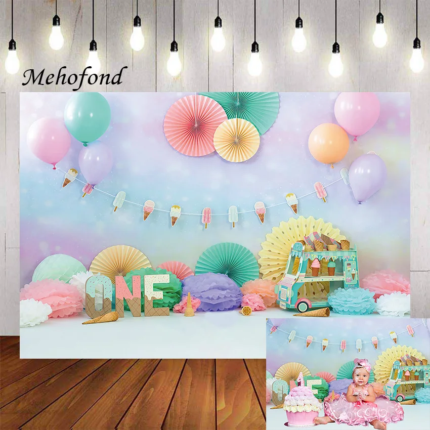 

Фотофон Mehofond летнее милое Мороженое Грузовик воздушные шары Девушка торт на 1-й День рождения разбивать Фотостудия