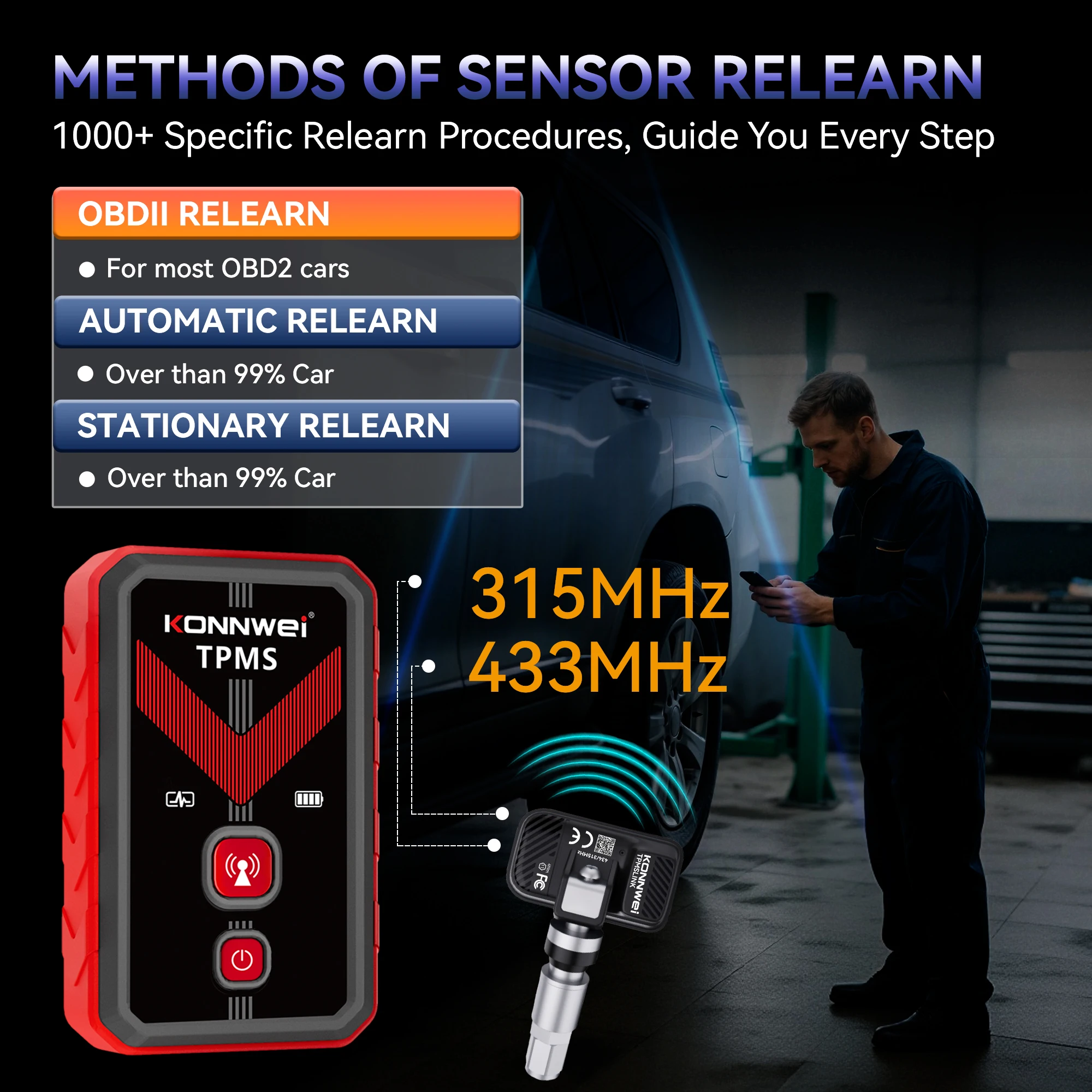 Фото 2026 KONNWEI TK100 Программируемые датчики TPMS для автомобилей, инструмент для перепрограммирования OBD, 433 МГц/315 МГц, программирование через СМС, система контроля давления в шинах №5