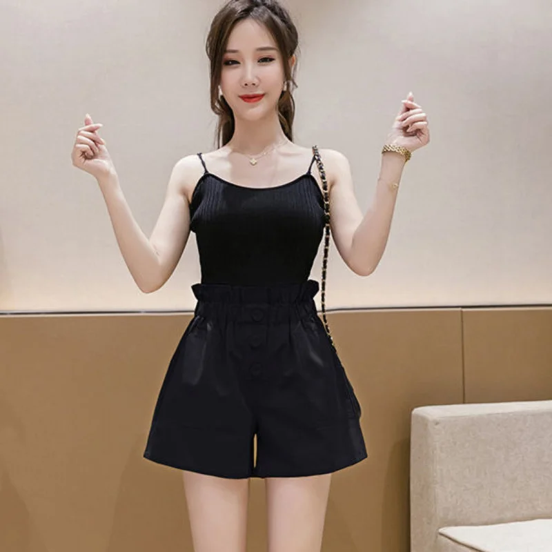 High Waist Womens Shorts Loose Elastic Yellow Wide with Belt Short Pants for Women To Wear Baggy Korean Style Casual Clothes Hot