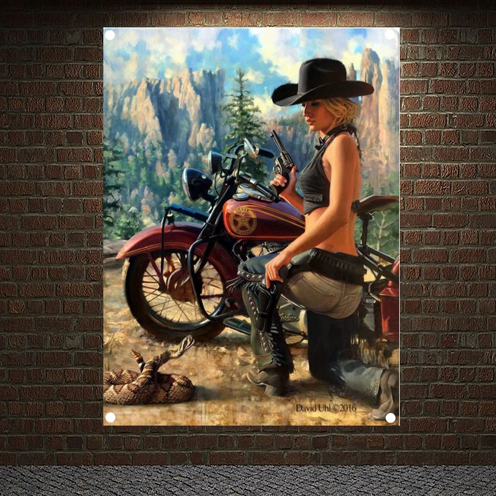 

Cowgirl Мотоцикл Райдер кино плакаты настенные наклейки баннеры стены Искусство флаги флип-карта гобелен домашний декор холст роспись