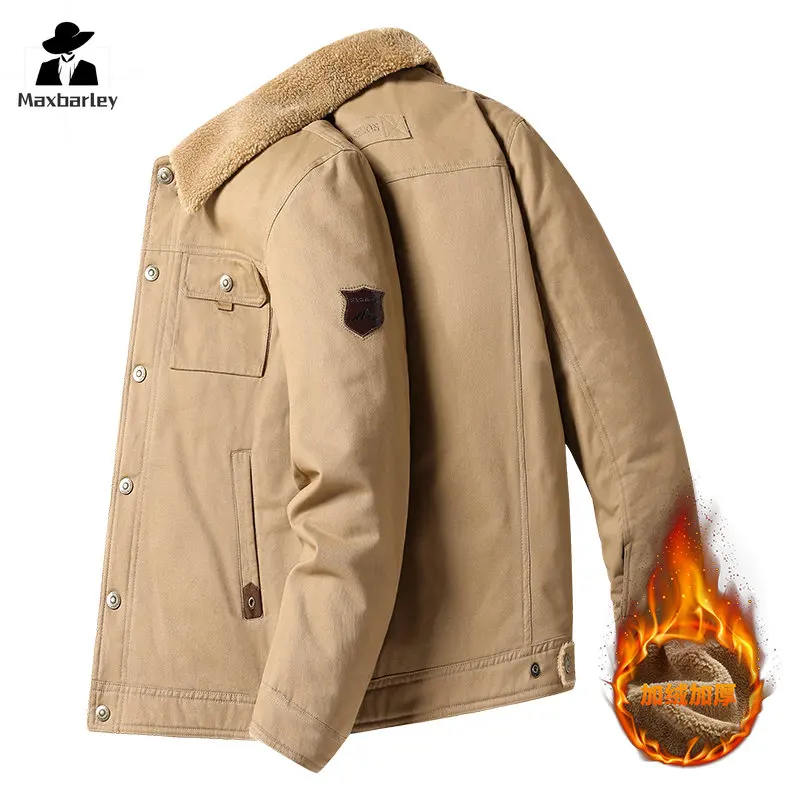 

Cotton and fleece coat overalls Military men's autumn and winter Lamb season lapel jacket thickened casual cotton coat tide