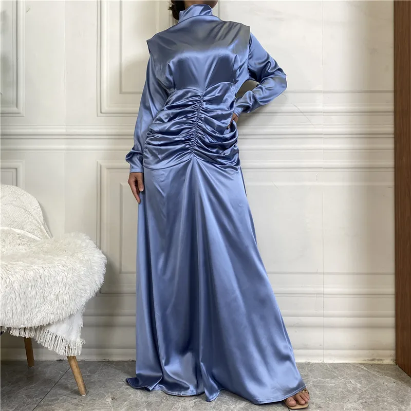 Muslim Long Dress Hijab Abaya for Women Stand Collar Thick Satin Ruched Evening Dresses Eid Ramadan Dubai Turkish Modest Abayas