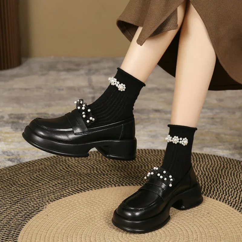 

Туфли женские с жемчугом, простые лоферы, толстая подошва, круглый носок, удобная обувь в ретро стиле, 2023