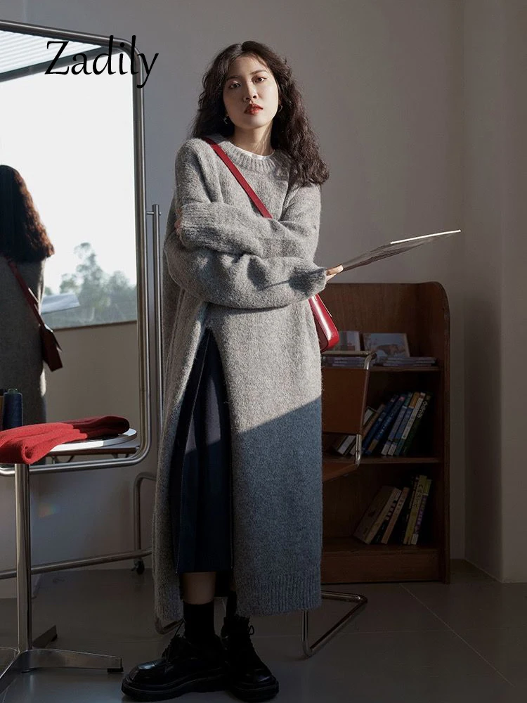 Женский Длинный свитер с длинным рукавом круглым вырезом и разрезом