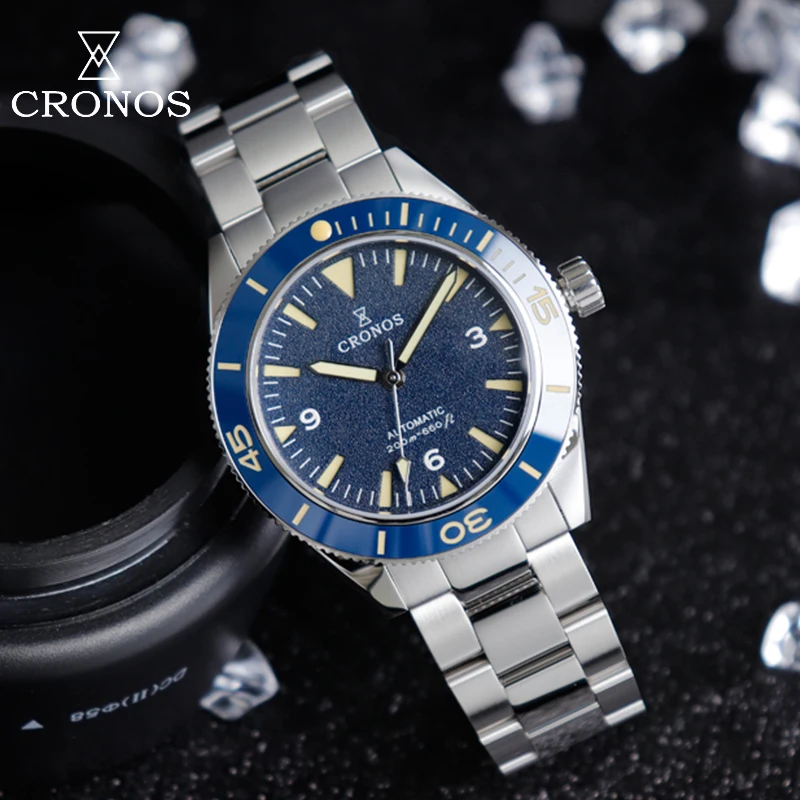 

Cronos 41mm Automatic Mechanical Watch Men Luxury Blue Dial Sapphire Crystal Luminous 20Bar Waterproof Men Diving Wristwatch