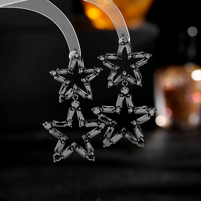 

Shining Cubic Zirconia Black Star Dangle Earrings S925 Silver Needle Fashion Statement Geometric Earings Luxury Jewelry