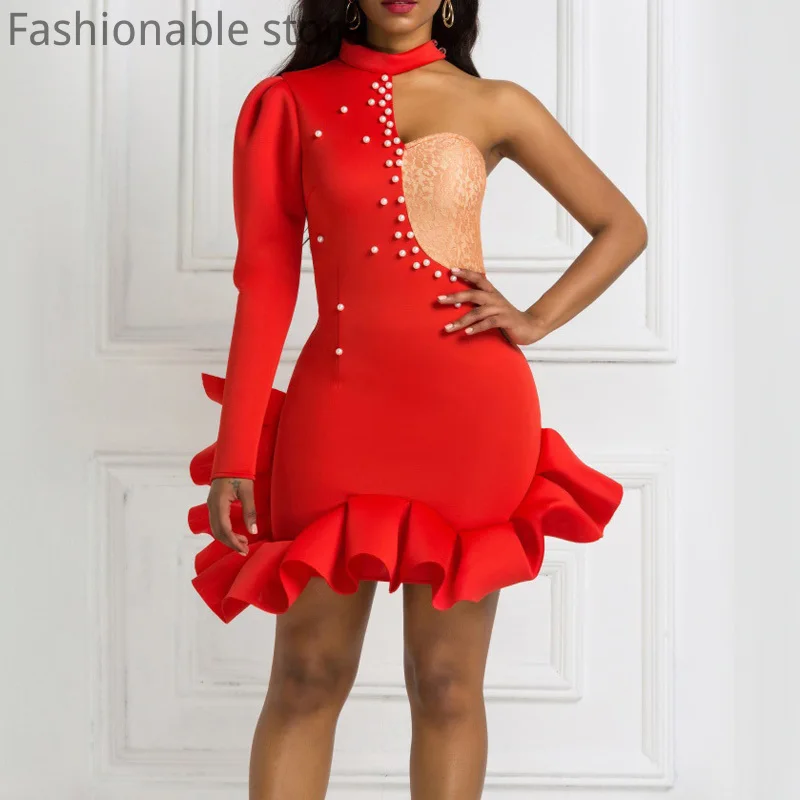 

Women Sexy Puff Sleeve Beads Design One Shoulder Party Dress
