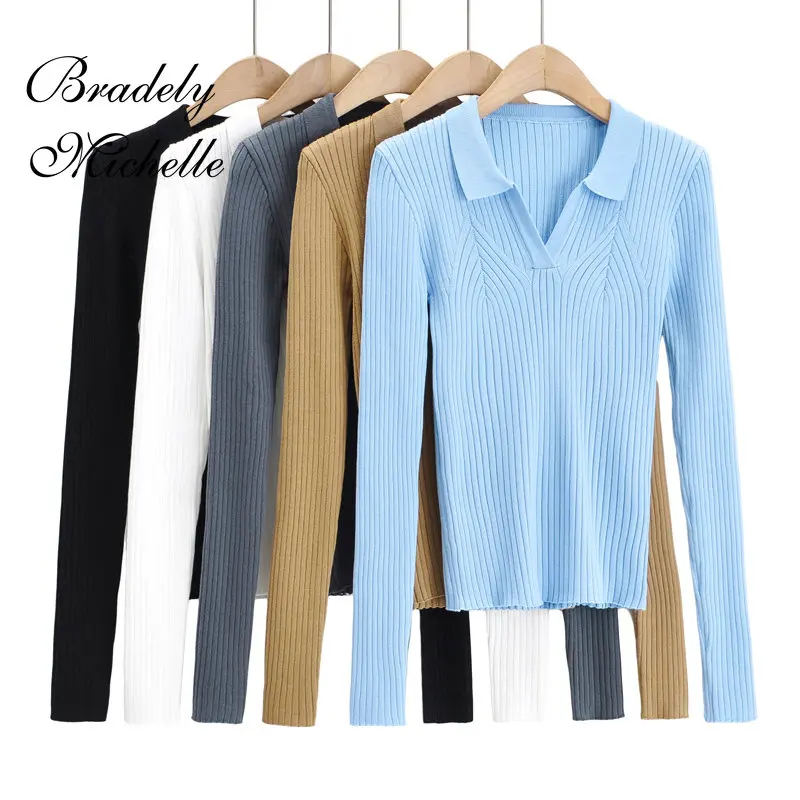 

2022 Women's Spring and Autumn Long Sleeve Lapel Pullover Solid Color Top Striped Knit Top V-neck Sweater