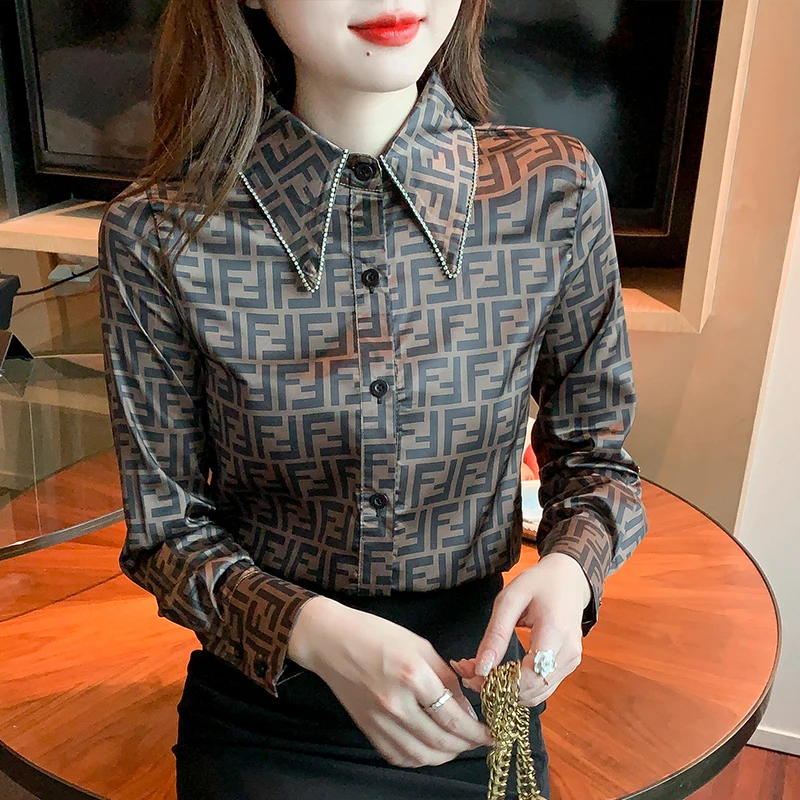 

Шифоновые блузки с принтом, легкие Роскошные блузки со стразами на воротнике, элегантные дамские топы, весна 2022